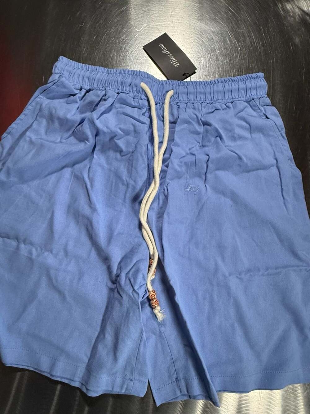 Blissshow Size S Blue Linen Blend Drawstring Shorts